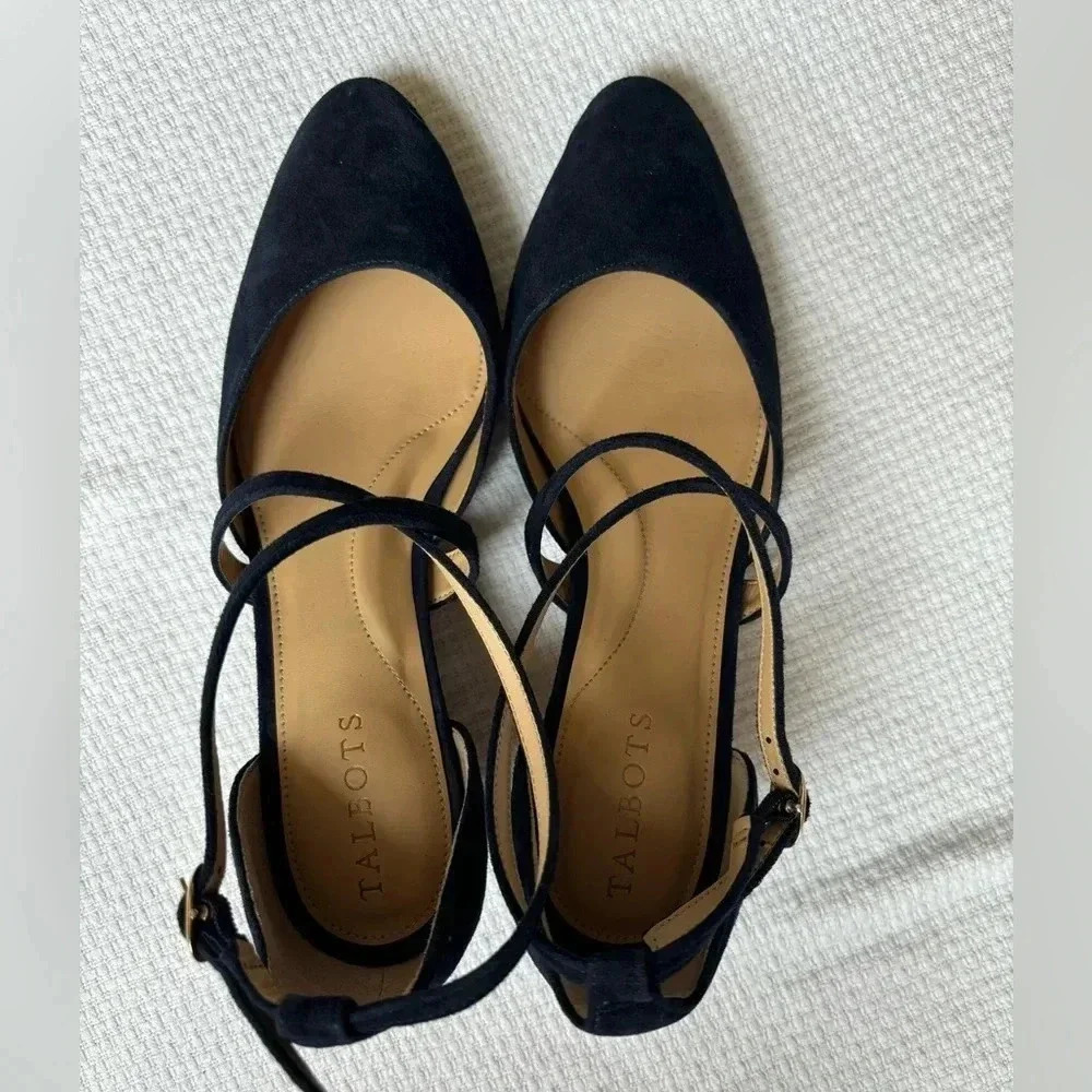 Talbots Wedges Size 7 Navy Laney Crisscross Suede Preppy Career City Timeless - Picture 2 of 9